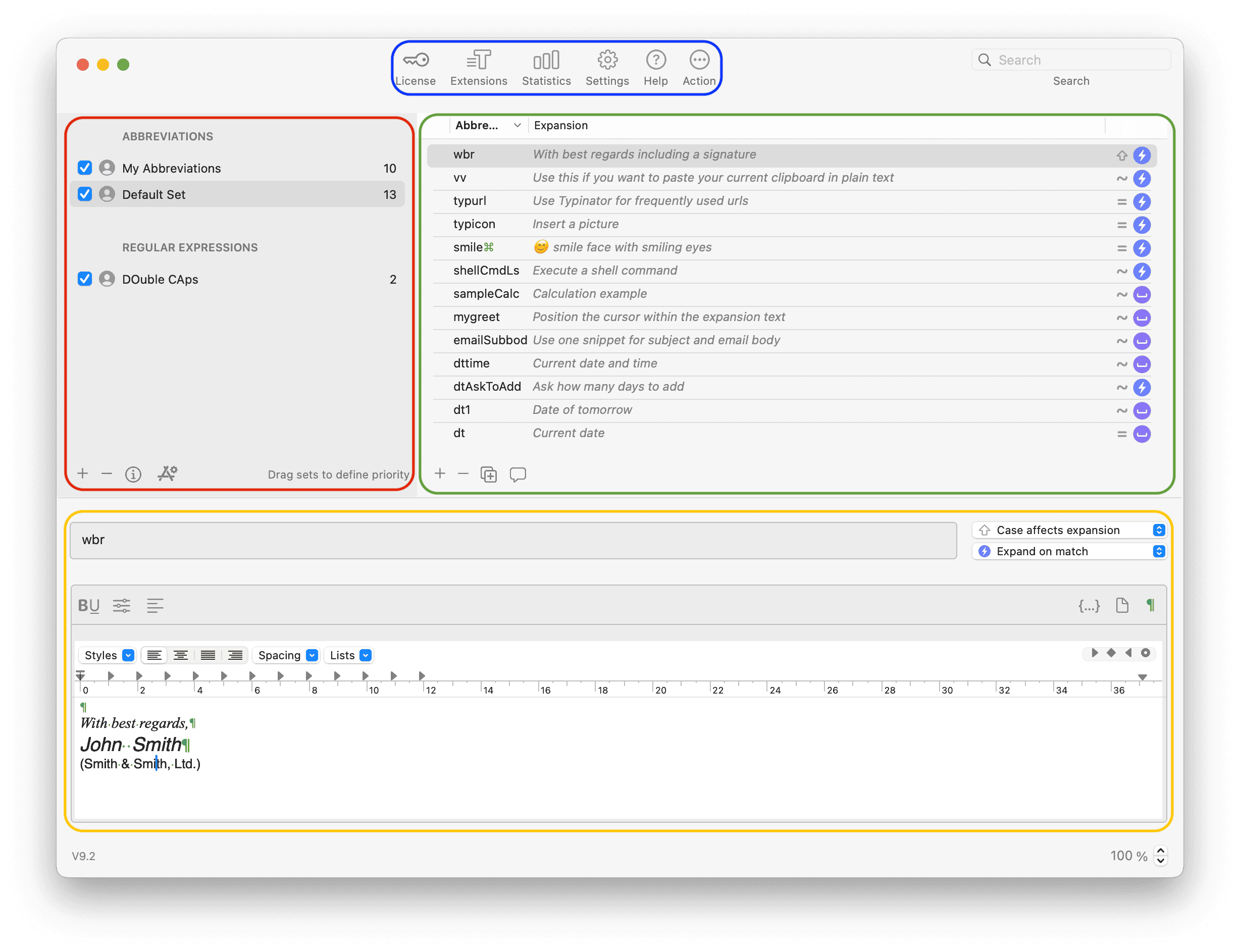 Typinator main window with sets, abbreviation list, and details.